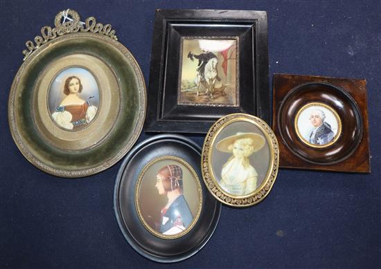 Five assorted oil on ivorine miniatures including Louis XVI and Gentlemen on horseback, largest 8 x 6.5cm